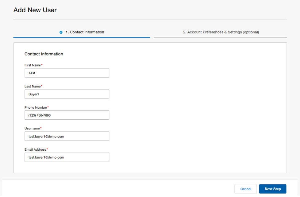 Add New User page on Fisher Scientific's website with steps for entering contact information and account preferences. Current step includes fields for user details and buttons for canceling or proceeding.