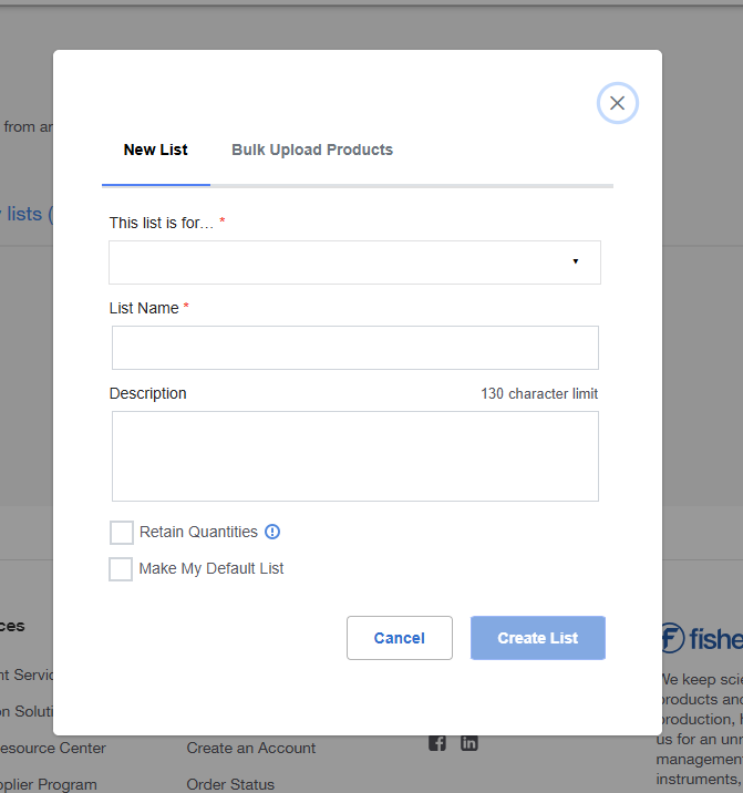 New List creation window on Fisher Scientific's website. Includes tabs for 'New List' and 'Bulk Upload Products'. Form has fields for list details, checkboxes for options, and buttons for canceling or creating the list.